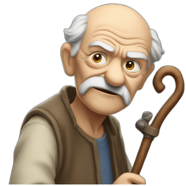 Old man leaning on a walking cane and holding his crancky back with his hand, grumpy face, detailed emoji