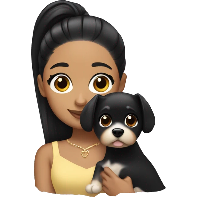 Ariana grande with black hair holding a dog emoji