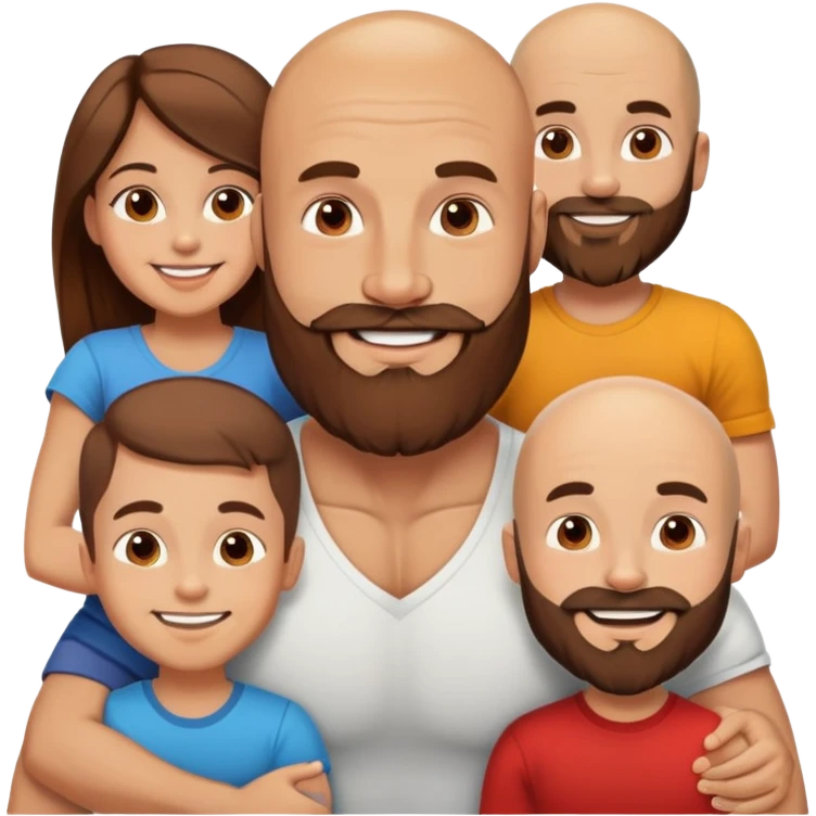 Happy Muscular Bald beard men with his wife long brown hair and 3 sons emoji