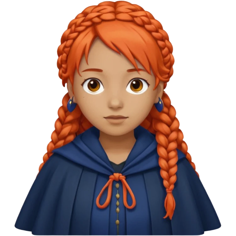 red orange braids hair girl, tan skin, fat, wear navy cloak emoji