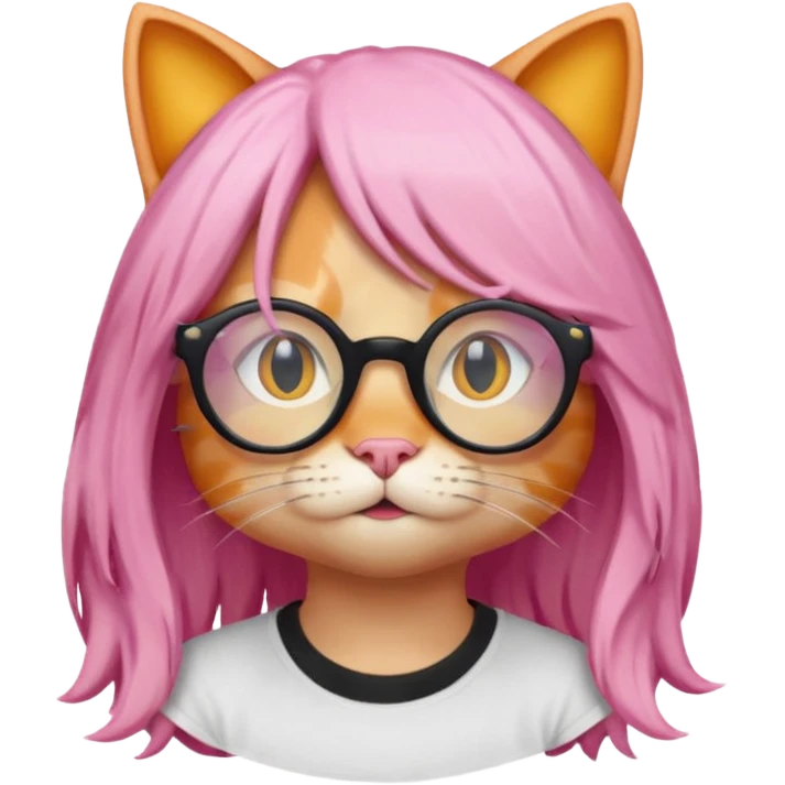 Orange Yellow cat wearing a long pink hair wig, black circle glasses, white T-shirt emoji