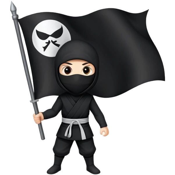 A ninja with black clothes holding a black flag with a white circle in the middle of the flag emoji
