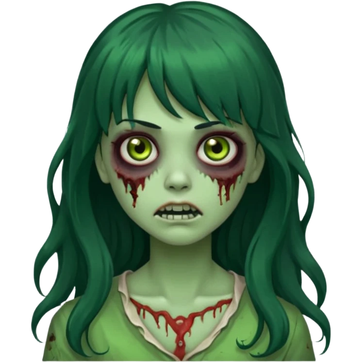 Zombie Green girl with long wavy black hair and bangs. emoji