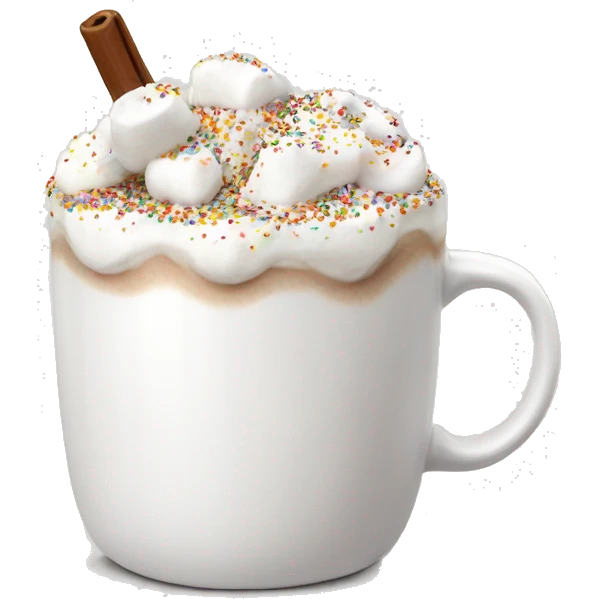 White mug with hot coco, whipped cream, marshmallows with sprinkles  emoji