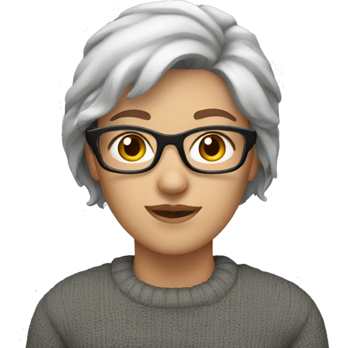 White woman, brown hair, gray sweater, glasses emoji