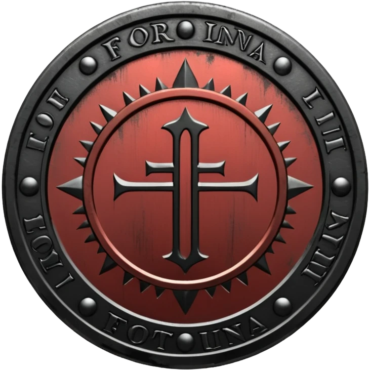 Minimal emoji, gothic metal coin made of black steel, engraved word FORTUNA at the center, ancient industrial aesthetic, worn metal texture, no glow, no neon, flat emoji design, centered, transparent background emoji