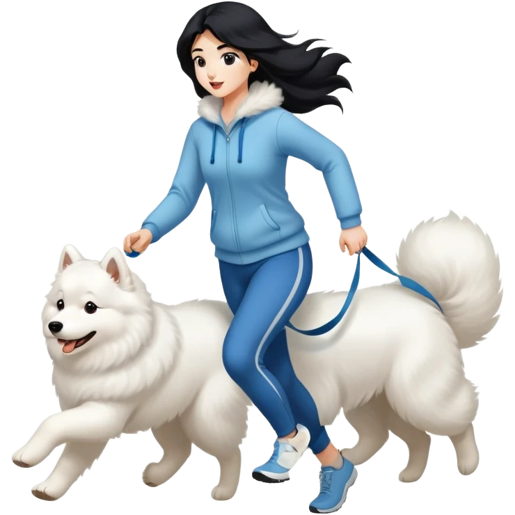 A beautiful girl with long black hair is running and walking a Samoyed emoji
