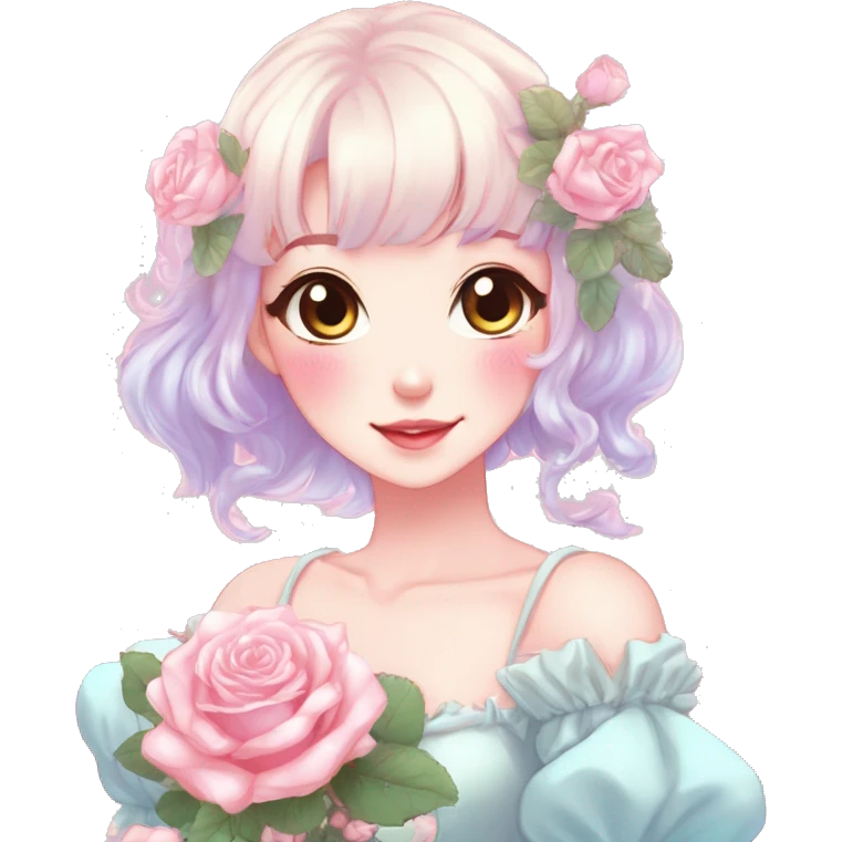 Gorgeous pastel anime style lady with blushing face and roses cottagecore fairycore pastelcore shiny colorful pearly petite aesthetic trending style emoji
