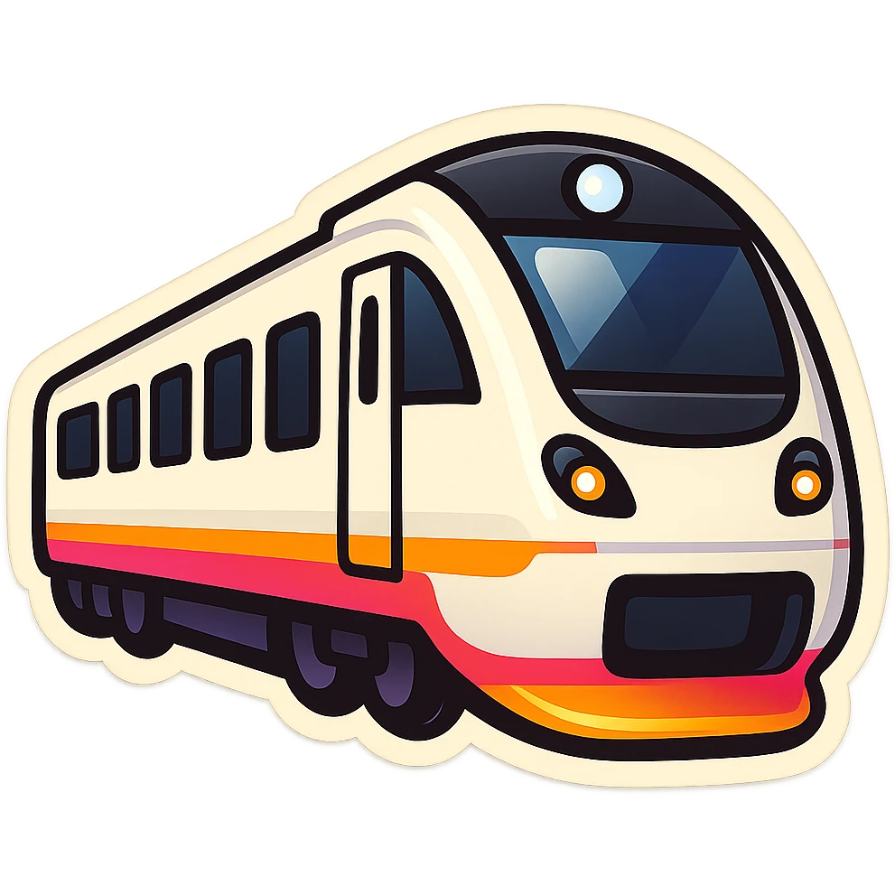 Create a simple, minimal, and clean emoji of a modern white train with a white body and black windows on a transparent background. Focus on a minimalistic emoji style with clear shapes and contrast. emoji