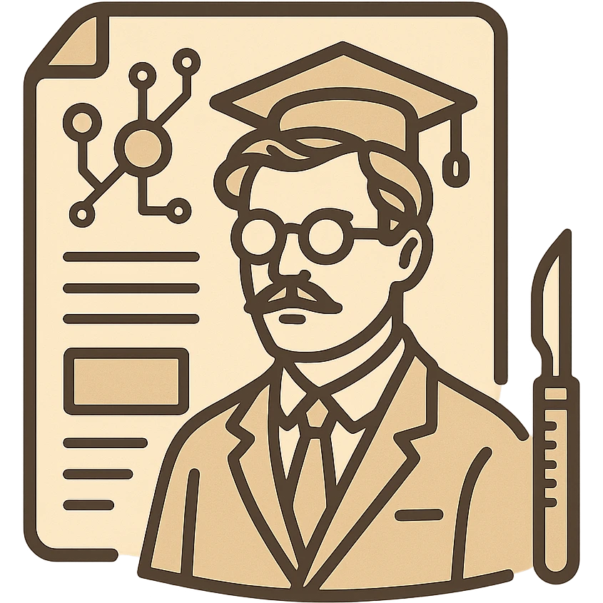 minimal elegant icon of a scholarly professor in classic academia style, dignified and not teaching, with a scalpel, set against a document background blending vintage academic motifs and subtle AI interface elements, refined cultured color scheme, technical and precise emoji