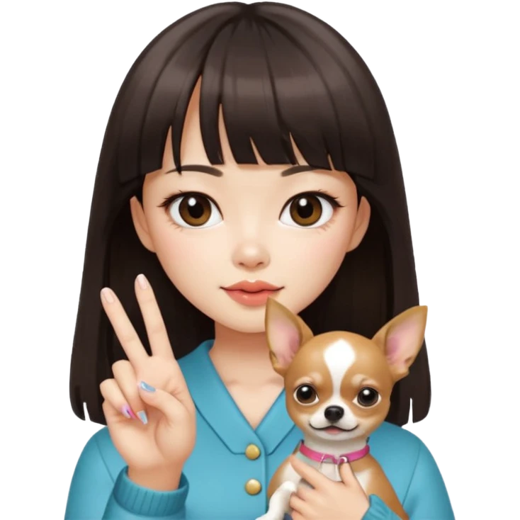 a pretty Asian girl, with hair bangs, pale skin, with manicure holding a chihuahua in her, showing her middle finger emoji