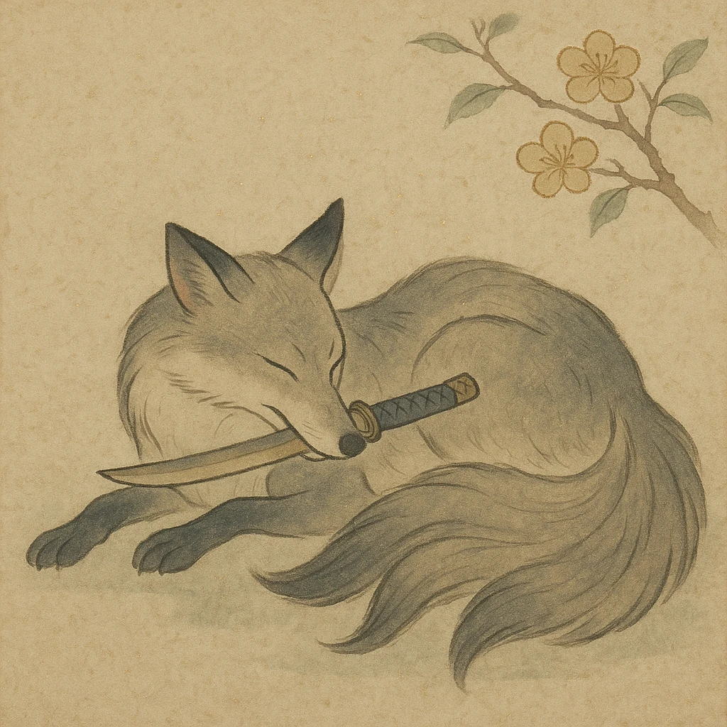 a sleeping fox kitsune with a knife in his mouth, Japanese folklore style, mystical atmosphere emoji