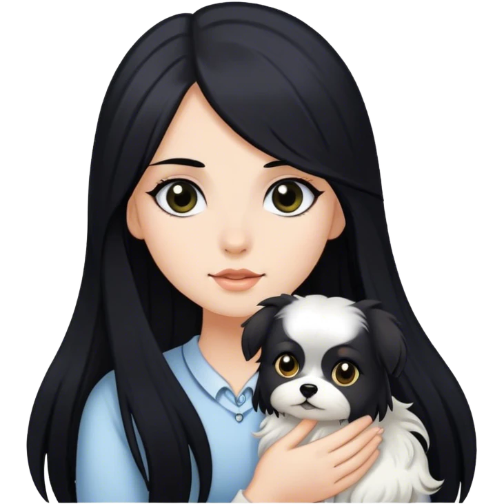 A white yorkshire being held by a girl with long black hair and black eyes. emoji