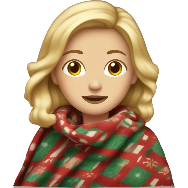 white female, long dirty blonde hair, wearing a patterned christmas blanket emoji