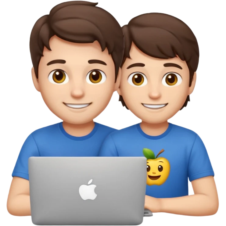 cute, professional emoji character of a young male developer with wavy dark brown hair, smiling warmly, hazel eyes, right dimple, playful wink, tech t-shirt, sitting at a MacBook with Apple logo, soft white background emoji
