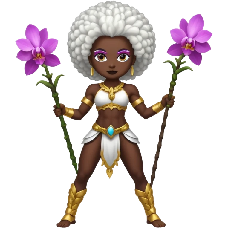 full body dark skin woman white hair afro muscular build orchid warrior spirit emoji