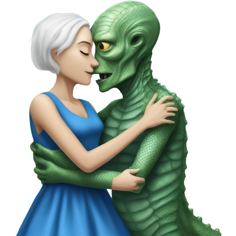 White man in blue dress  hugs and kissing Alien reptilian woman in silver dress  emoji