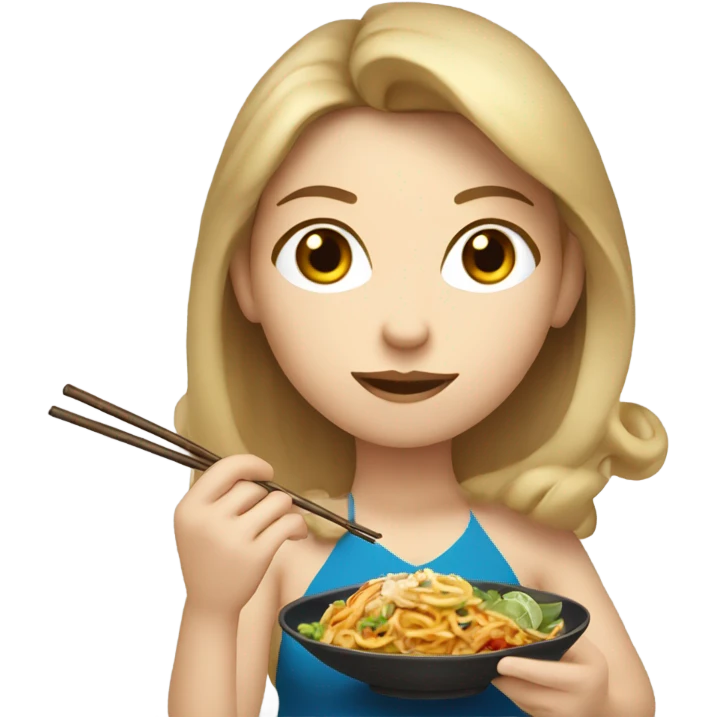 Dark blonde haired girl, mid 30s, super mom, eating Thai Food with chopsticks  emoji