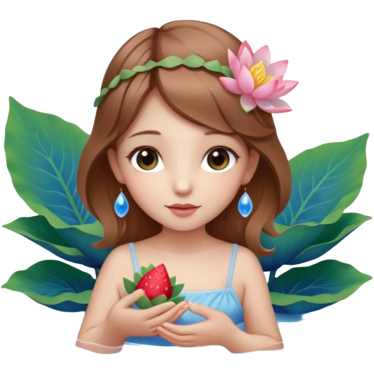 یه دختر زیبا با موهای قهوه ای روشن که مثل یک فرشته است و تازه متولد شده به همراه گل نیلوفر لای موهاش بالای گوشش و همراه با نیلوفرهای آبی و یک گل نیلوفر ترکیب شده با توت فرنگی در دست راستش emoji