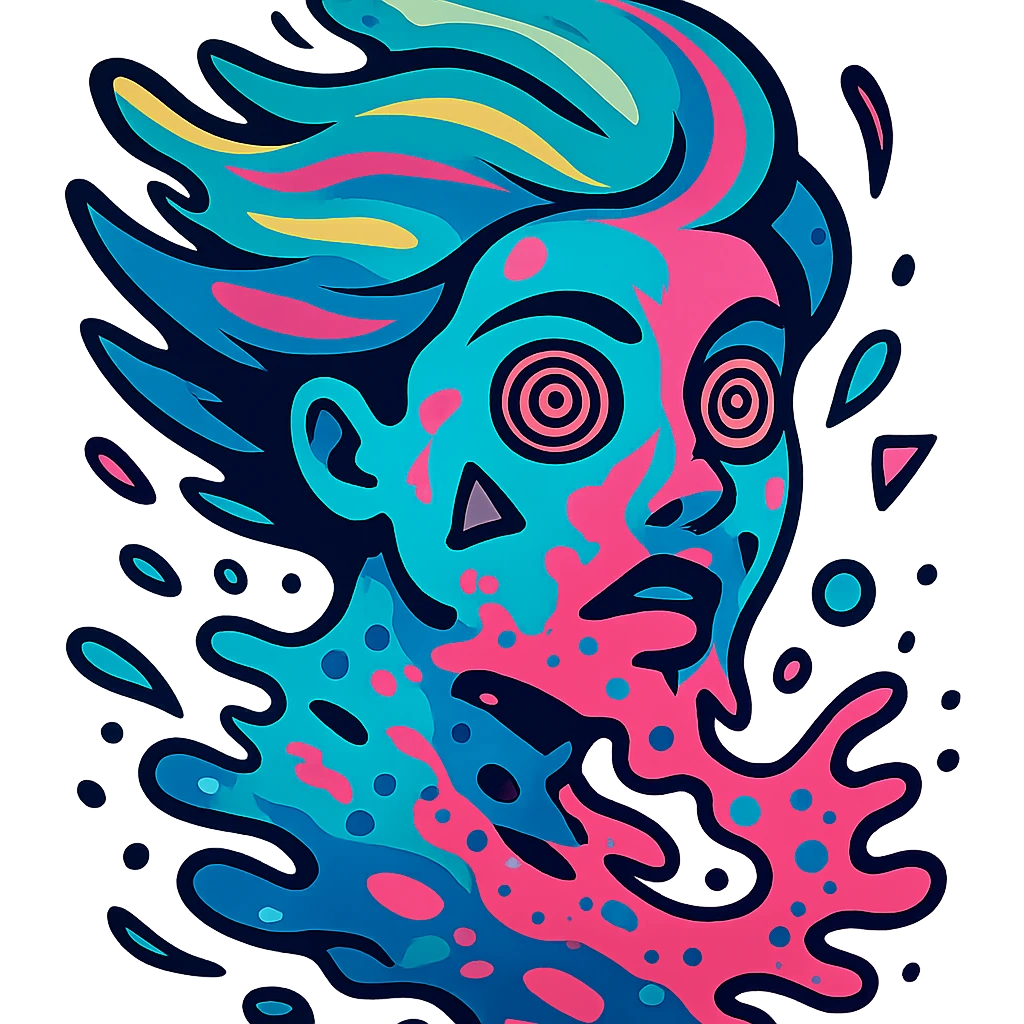 surreal portrait, neon turquoise and electric pink skin, face melting into swirling paint particles, hair as liquid aurora, spiral eyes, geometric shapes on face, dynamic movement emoji