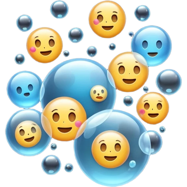3D iPhone style emoji of free-floating bubbles, scattered randomly in the air, translucent and shiny, various sizes, not contained in any circle, isolated on white background, soft shadows, high detail, playful and cute. emoji