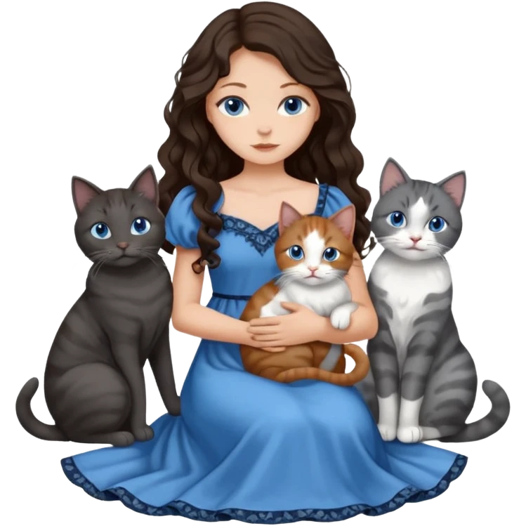 detailed realistic looking a dark grey and white cat regally sitting with six other cats, cuddling with their owner who is a pretty bratz lightly tanned white girl with long dark brown hair, blue eyes and gorgeous long wavy hair wearing a pretty detailed dress emoji