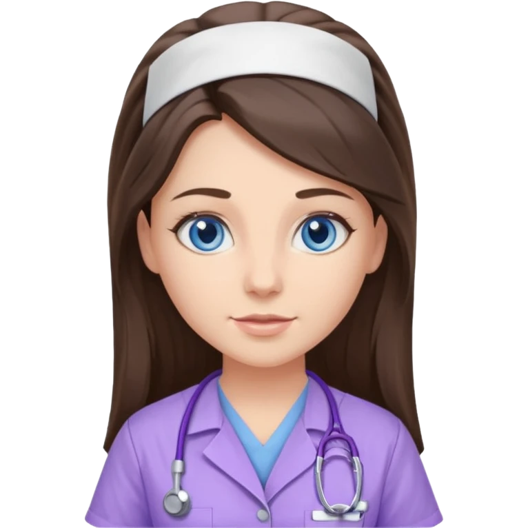 pretty brunette nurse with long hair and blue eyes in lilac scrubs emoji