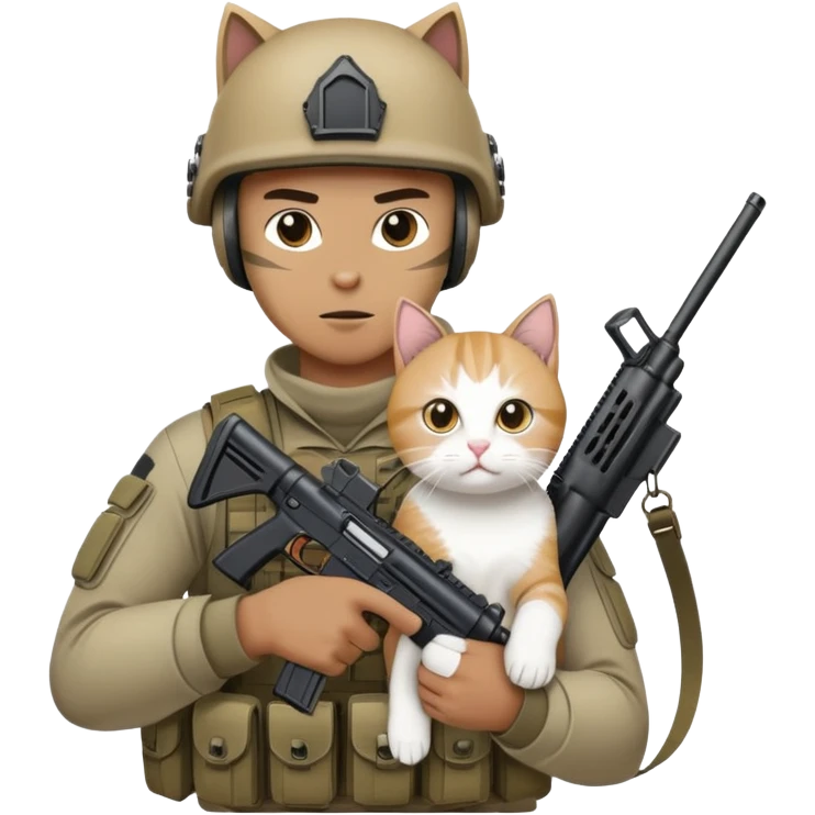 Man in tactical airsoft gear holding a gun in one hand and a white and brown cat in the other hand emoji