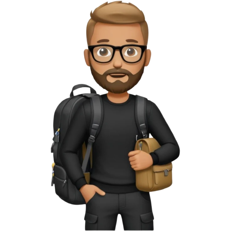 A stylish adventorous man in a complete black outfit with glasses and backpack and beard..full photo emoji