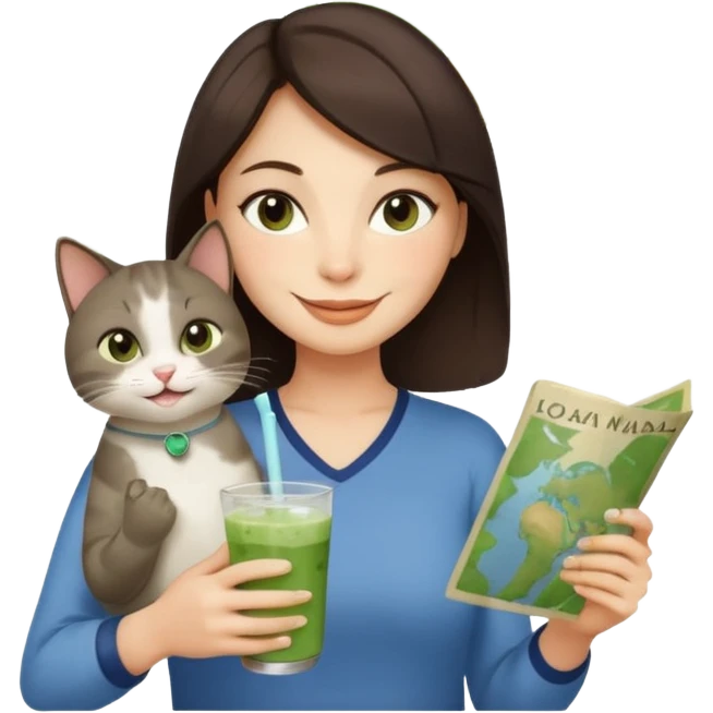 a brunette woman in here 30S drinking an iced matcha, carrying a grey cat and a map of the world emoji