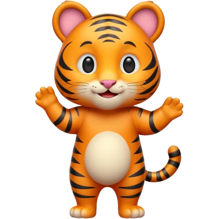 Cute tiger emoji, full body, standing pose, smiling face, big round eyes, orange fur with black stripes, chubby and adorable, short legs, small ears, 3D emoji style, smooth shading, bright colors, simple clean design, transparent background emoji