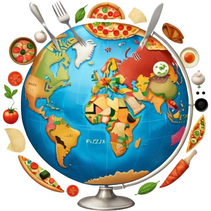Icon for Gastronomic Tourism: a globe with various cuisines from around the world, such as pizza, sushi, tacos, and pasta, surrounded by food-related travel elements like a fork, knife, and map. Transparent background. emoji