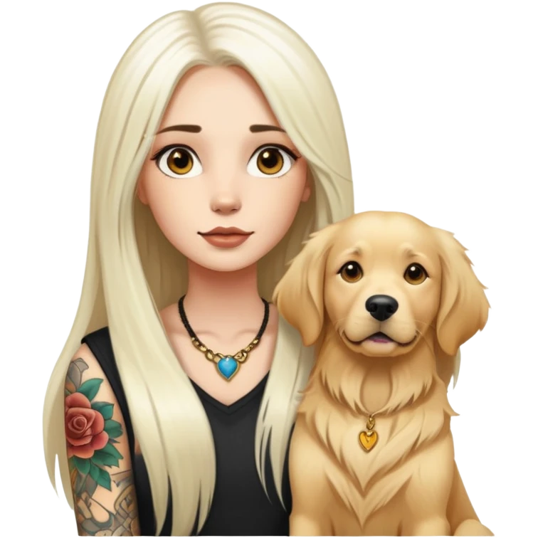girl with long white  straight hair and tattoos and two Golden Retriever emoji
