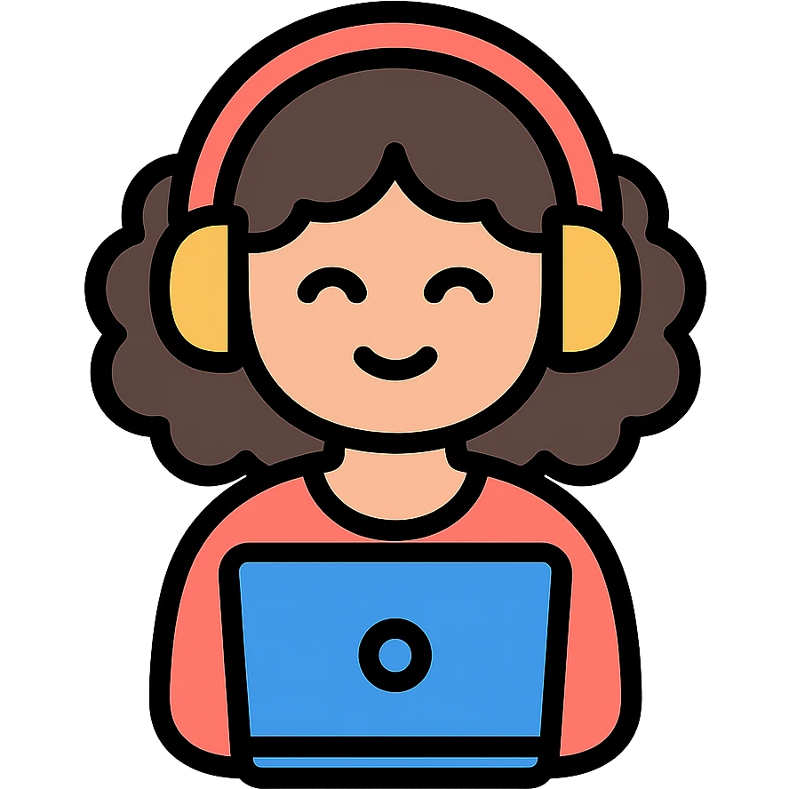 curly hair girl with headphones and a laptop, color outline icon emoji