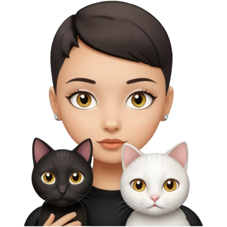 HAZEL EYES , BLACK BUZZ CUT LIGHT SKIN ROUND FACE GIRL with white cat emoji