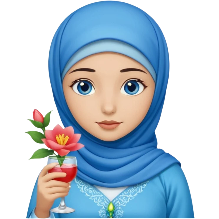 Turkish beautiful finish Konya girl blue eyes with blue hijab islamic dress and had on her hand flower mocktail emoji