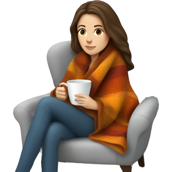 Brunette white girl covered in blanket autumn vibe sitting on a cozy chair holding coffee emoji