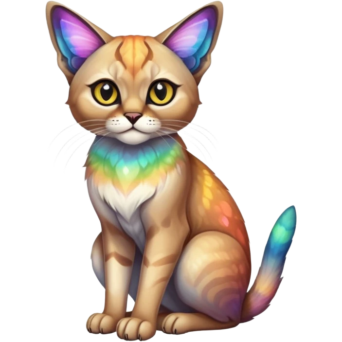 Dark rainbow-colored Colorful exotic iridescent tropical shiny Fantasy-Siamese-Bobcat-Caracal-Moth-Scottish-Fold-feline-Fakémon-feline-hybrid (full body) emoji