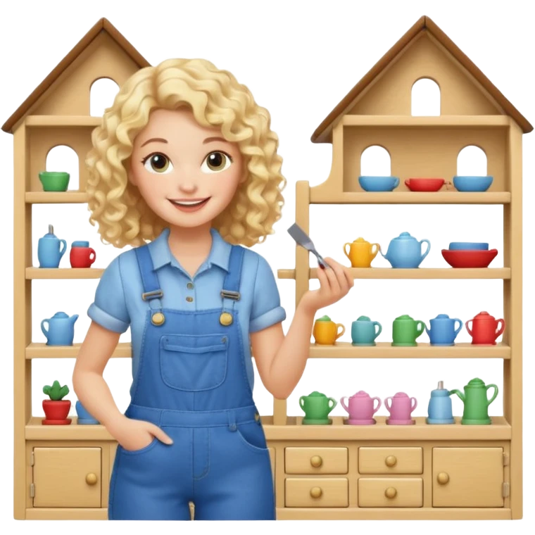 smiling blonde curly woman arranging furniture in doll house with overalls emoji