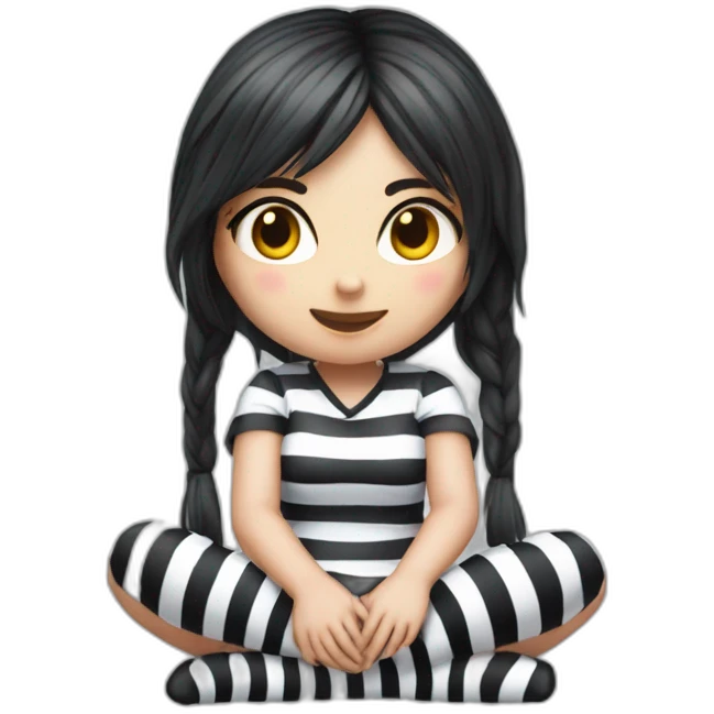 Hyperrealistic Frontal view curvy emo girl sits white skirt striped stockings hands up emoji