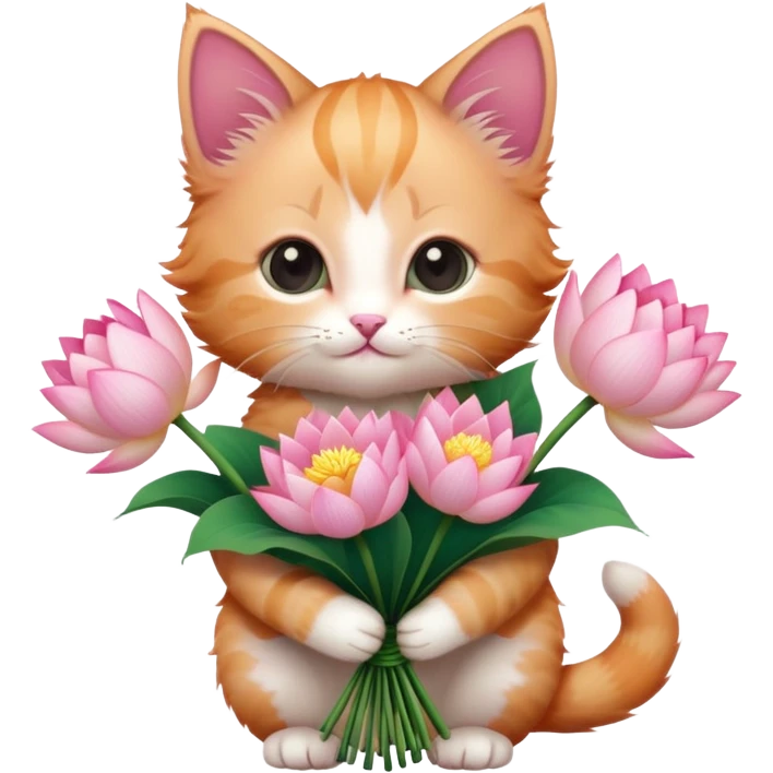 Kitten holding a bouquet of lotus flowers emoji