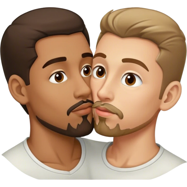 Intimate sfw kiss between brown Latino male with goatee and white brunette lover emoji
