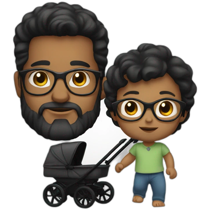 White man with Black hair,  beard and glasses pushing buggy with blonde baby emoji