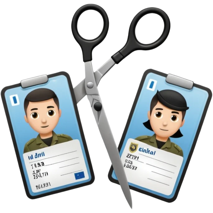 Floating black Scissors cutting in half an idf soldier ID card with a little chip in 2 parts emoji