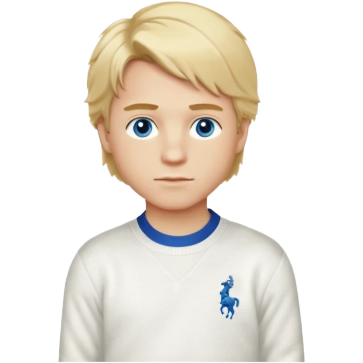 Create a look for a blond boy with long, tousled hair, light eyes, a white sweater, a wealthy appearance, blue eyes, a
nd accessories like a Rolex or Cartier watch, and a cute face with messy hair down. blue eyes + polo ralph lauren and the hair to the side emoji