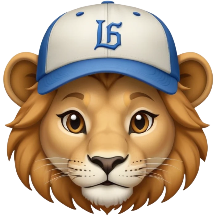 confident female lion head and shoulders wearing a baseball cap emoji