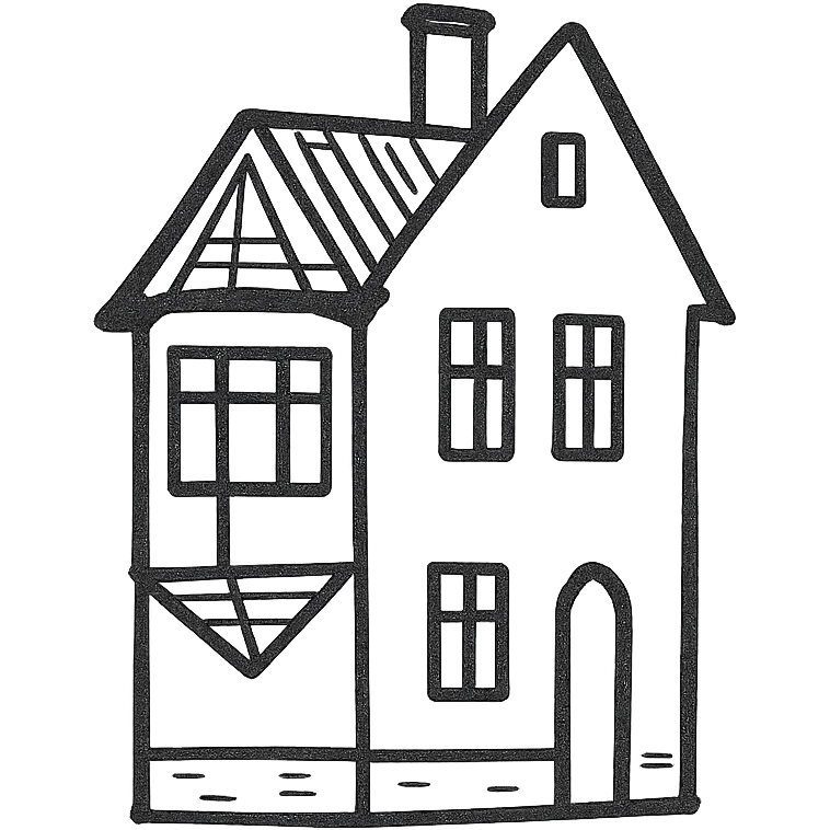 Icon of a house in Kaliningrad, hand drawn, black outlines, no fill, simple and clean, side view emoji