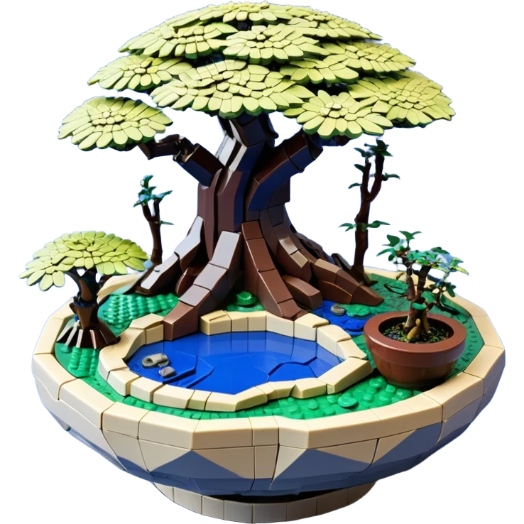 Alien Lego saucer jungle-vines mountain-island landscape antique mudman very old broken cracked intricate Stone Age rocky-crusted irregular dodecagon-shaped shallow dark moss rough bark blue willow flowered maple tree bonsai pot emoji