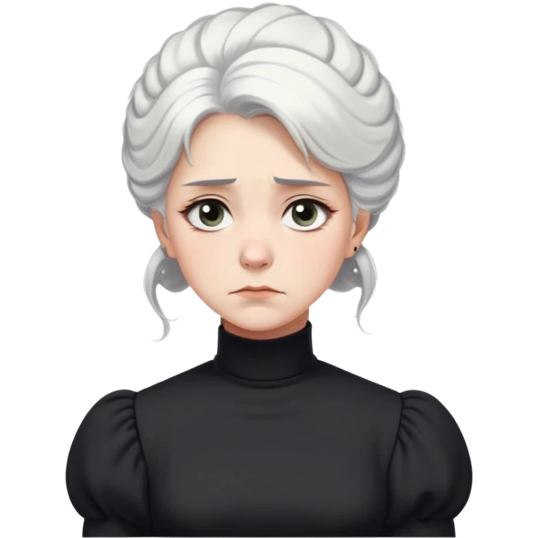 A Victorian woman with simple coiffed white hair and light eyes wearing a simple monochrome black turtleneck mourning dress with puffed sleeves looking down with a forlorn, miserable expression emoji