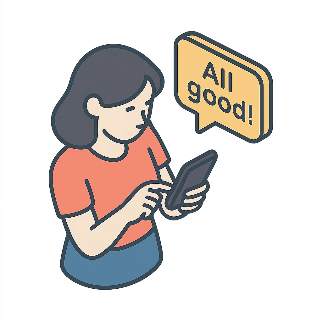 женщина печатает сообщение на телефоне - All good! emoji